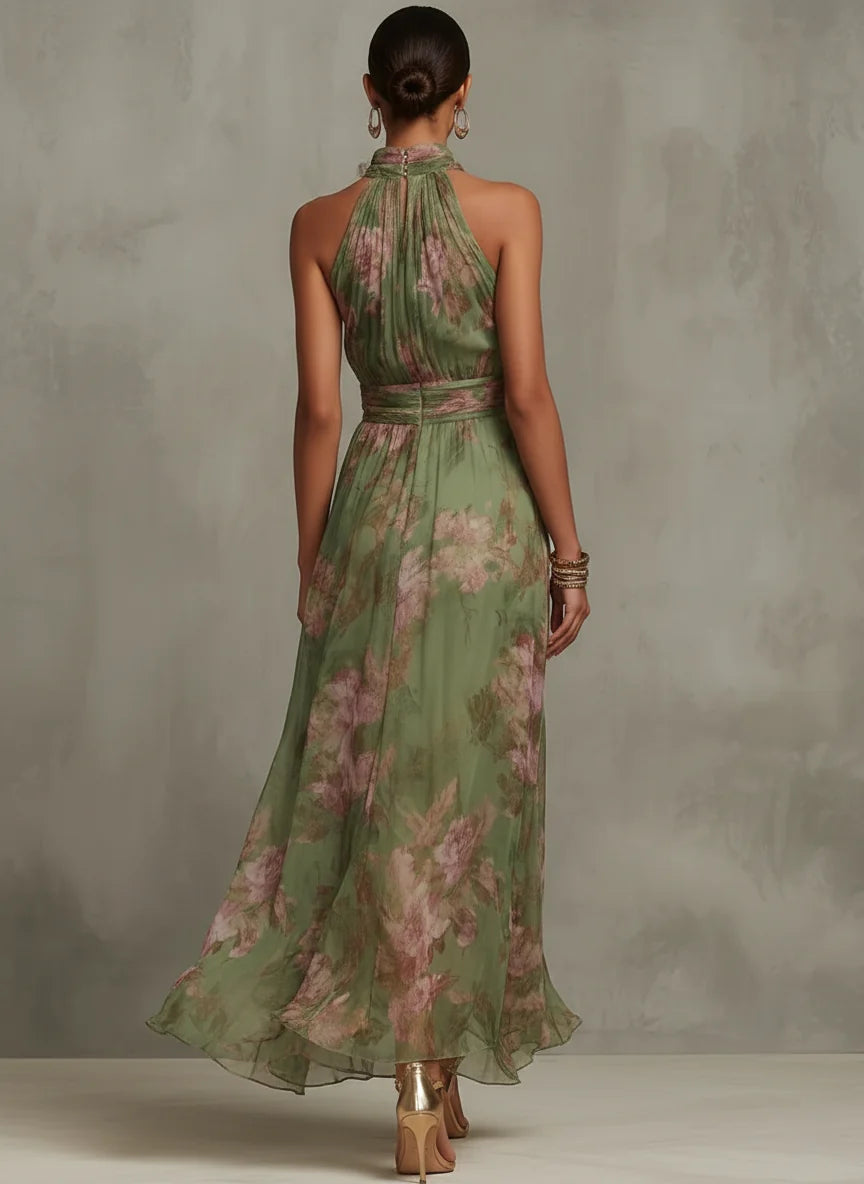 Women's Floral Print Halter Neck Chiffon Maxi Dress