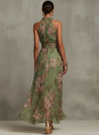 Women's Floral Print Halter Neck Chiffon Maxi Dress