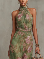 Women's Floral Print Halter Neck Chiffon Maxi Dress