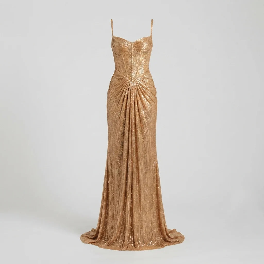 Women's Gold Metallic Corset Maxi Dress