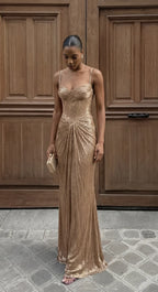 Women's Gold Metallic Corset Maxi Dress