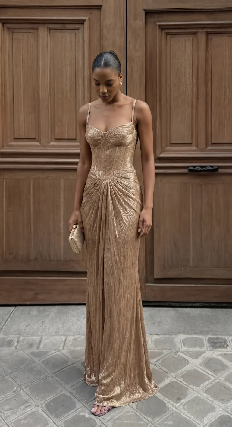 Women's Gold Metallic Corset Maxi Dress