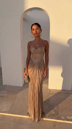 Women's Gold Metallic Corset Maxi Dress