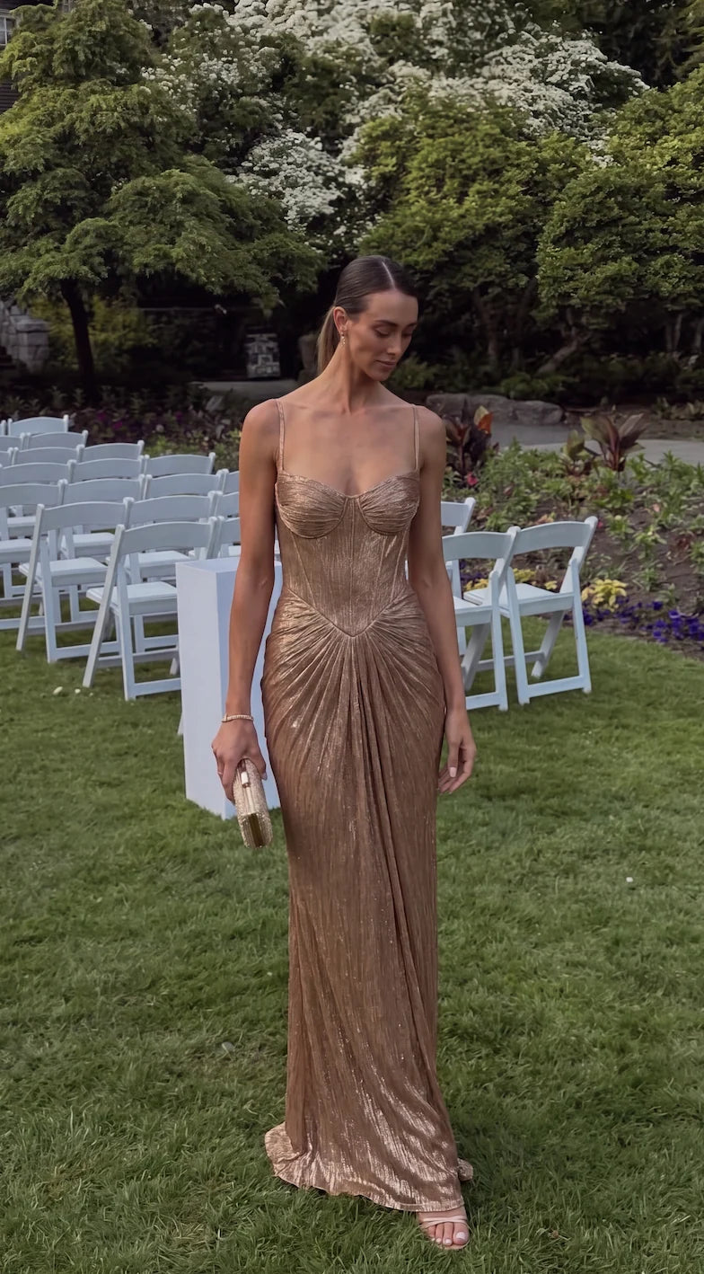 Women's Gold Metallic Corset Maxi Dress