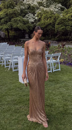 Women's Gold Metallic Corset Maxi Dress
