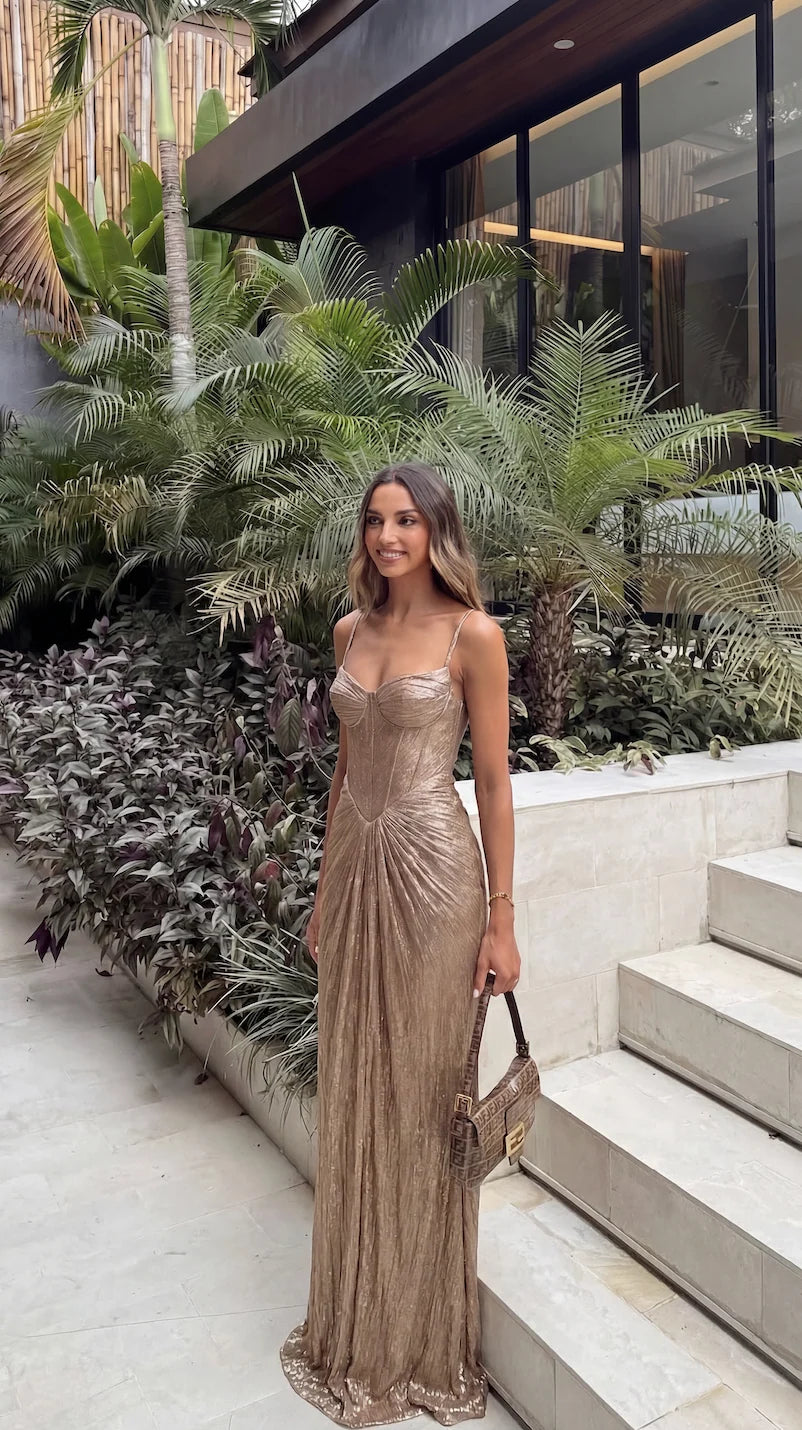 Women's Gold Metallic Corset Maxi Dress