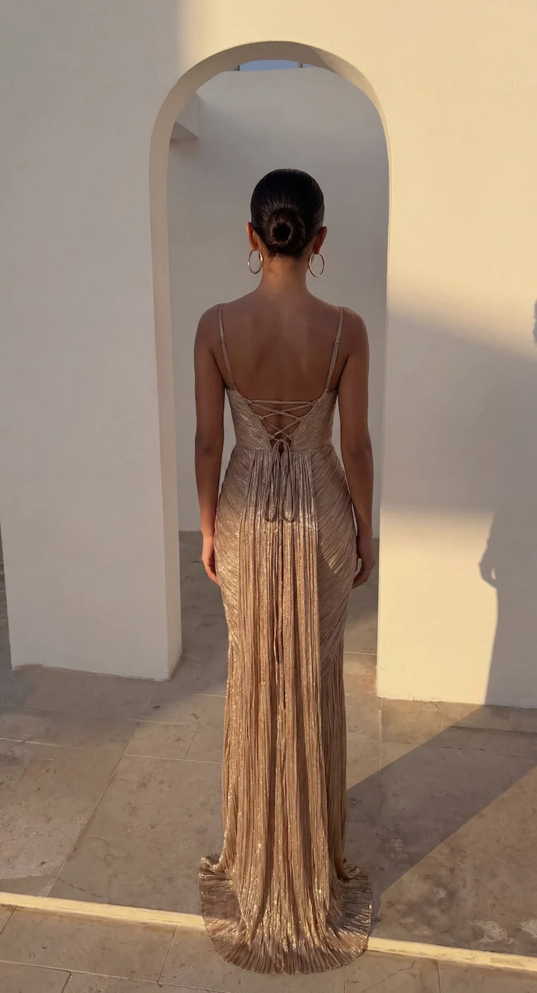 Women's Gold Metallic Corset Maxi Dress