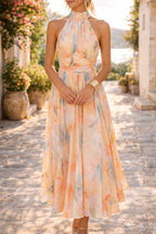 Women's Halter Neck Pleated Floral Maxi Dress