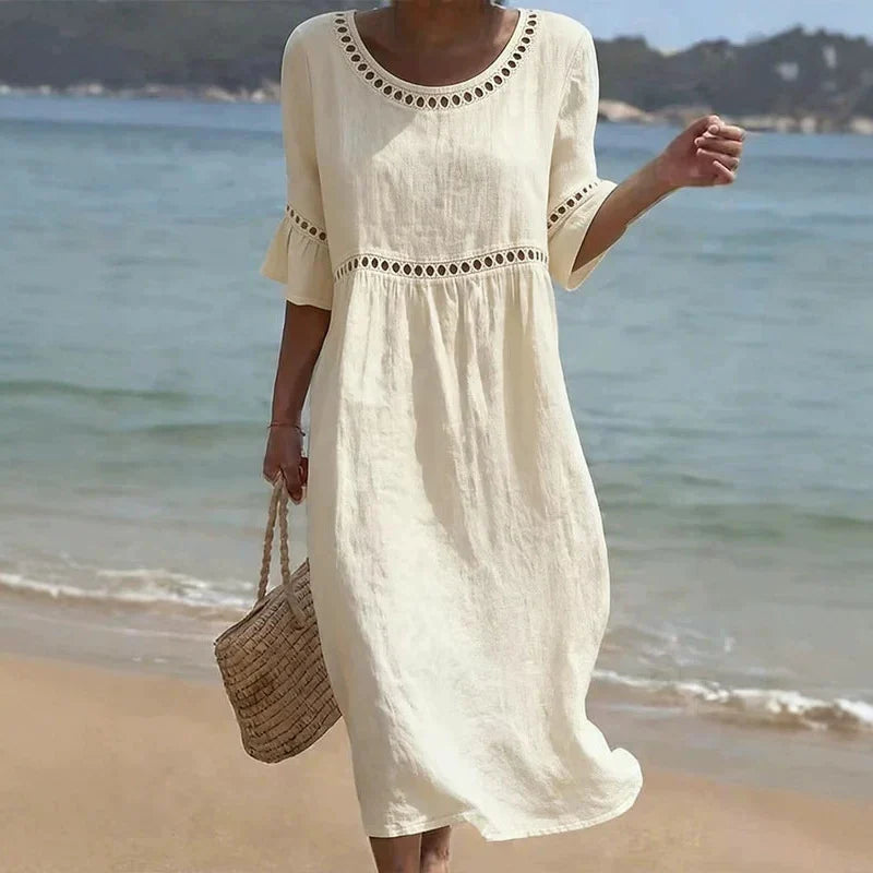 Women's Hollow Out Flared Sleeve Linen Midi Dress