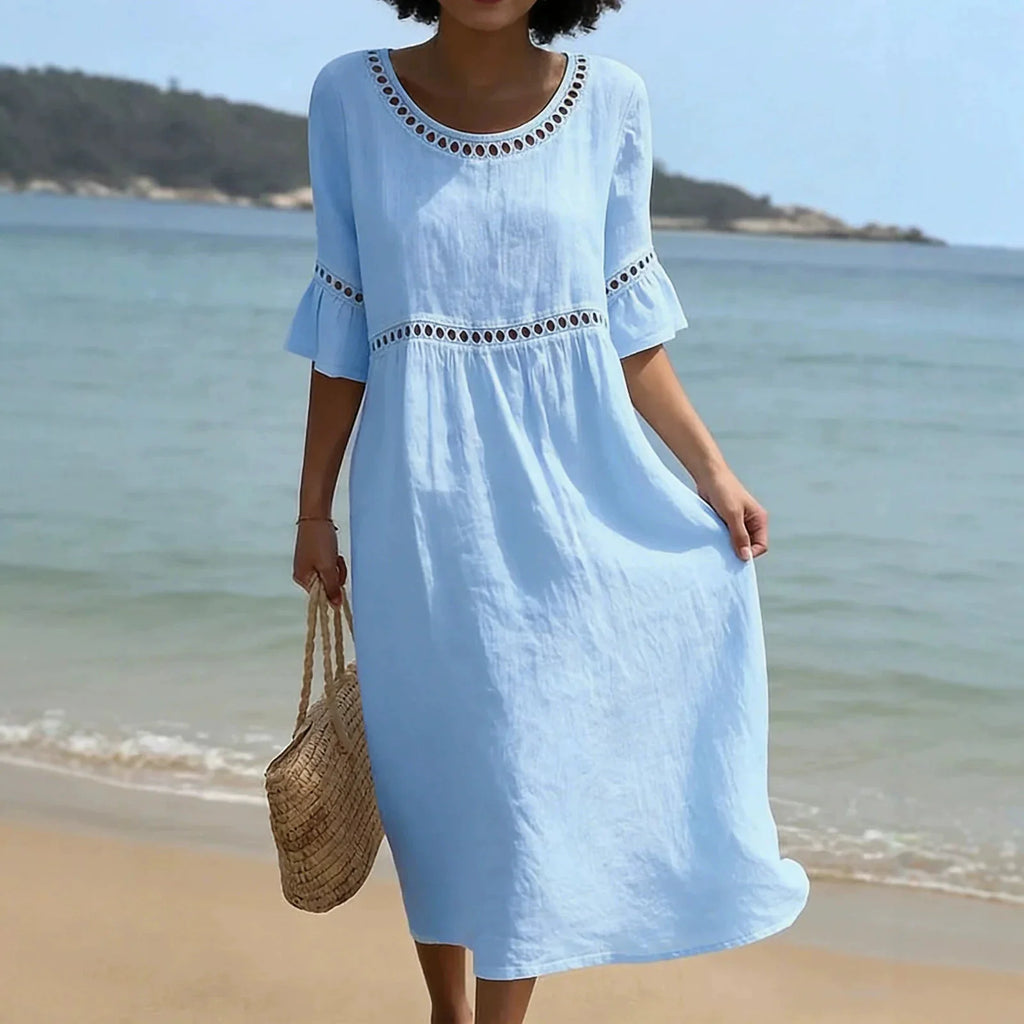 Women's Hollow Out Flared Sleeve Linen Midi Dress