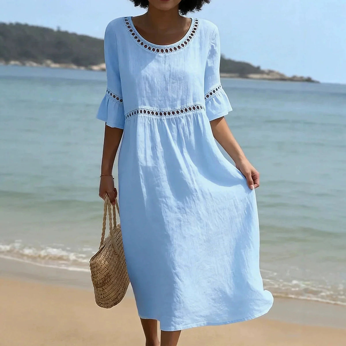 Women's Hollow Out Flared Sleeve Linen Midi Dress