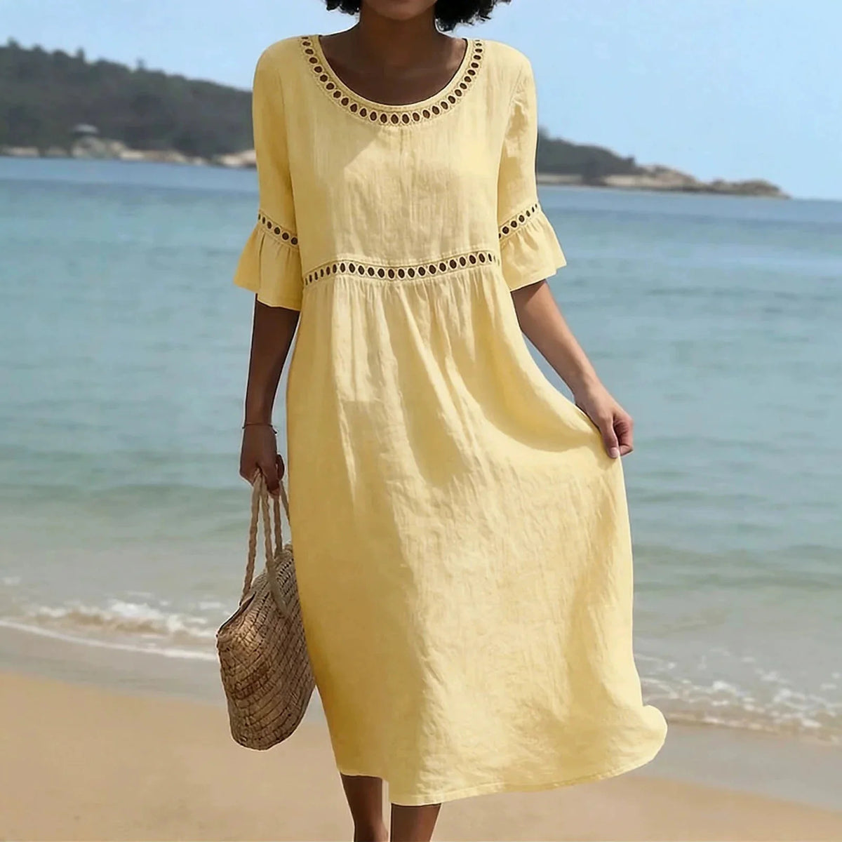Women's Hollow Out Flared Sleeve Linen Midi Dress