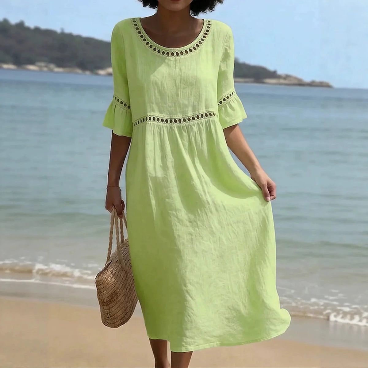 Women's Hollow Out Flared Sleeve Linen Midi Dress