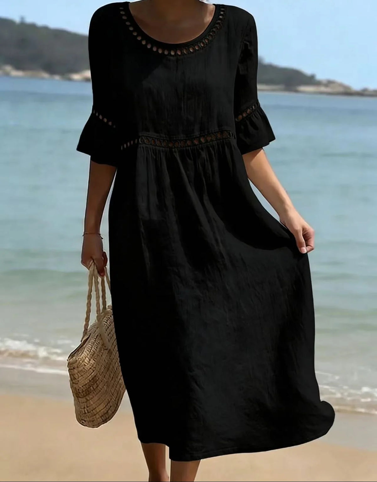 Women's Hollow Out Flared Sleeve Linen Midi Dress