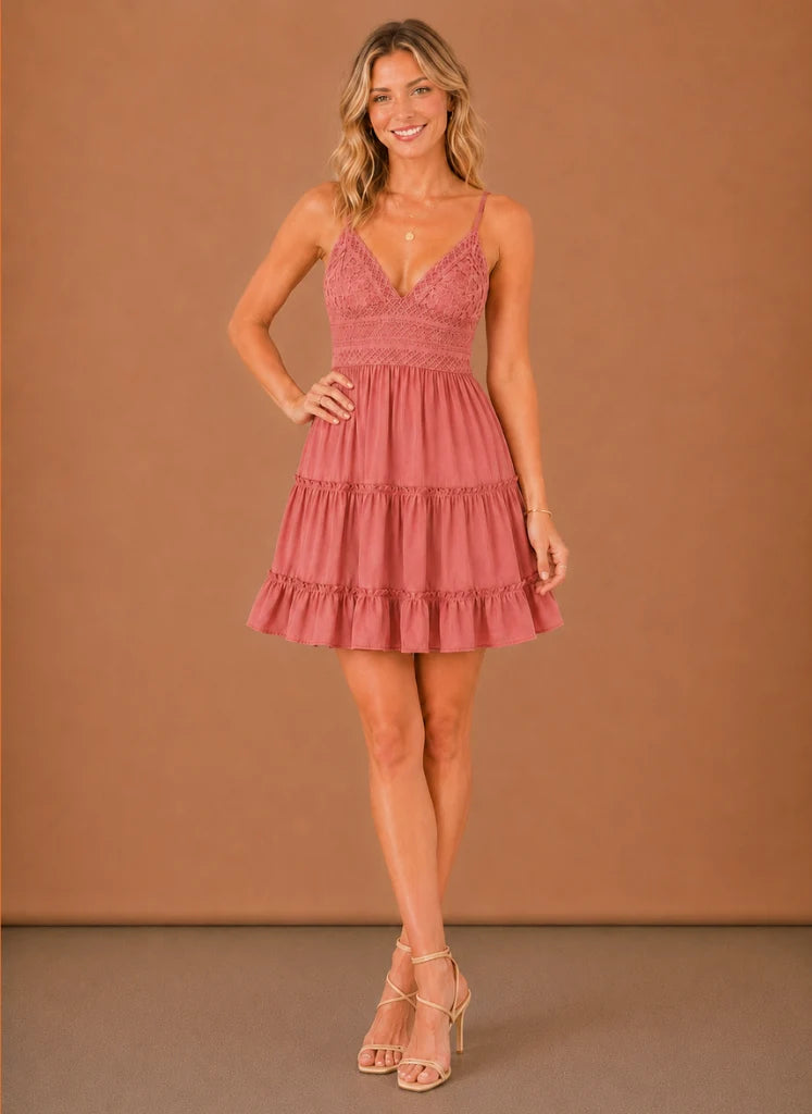 Women's Lace Bodice Tiered Mini Dress