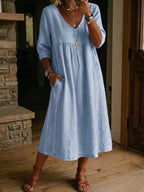 Women's Lace Trim Relaxed V-Neck Linen Midi Dress