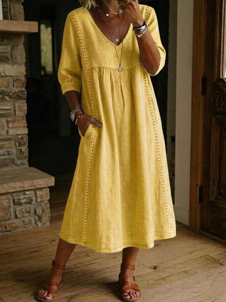 Women's Lace Trim Relaxed V-Neck Linen Midi Dress