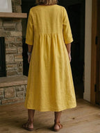 Women's Lace Trim Relaxed V-Neck Linen Midi Dress
