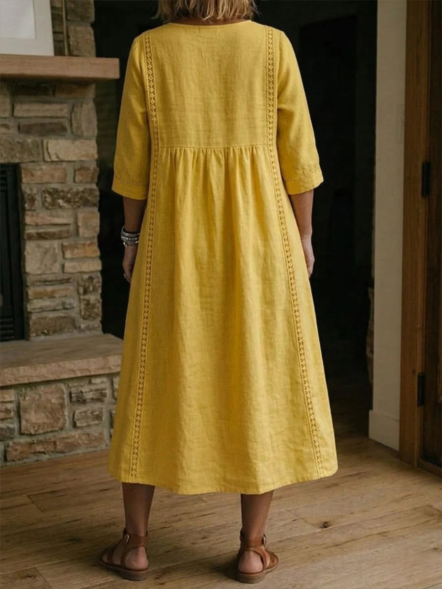 Women's Lace Trim Relaxed V-Neck Linen Midi Dress