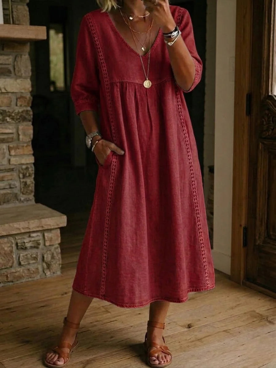 Women's Lace Trim Relaxed V-Neck Linen Midi Dress