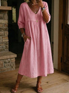Women's Lace Trim Relaxed V-Neck Linen Midi Dress