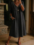 Women's Lace Trim Relaxed V-Neck Linen Midi Dress