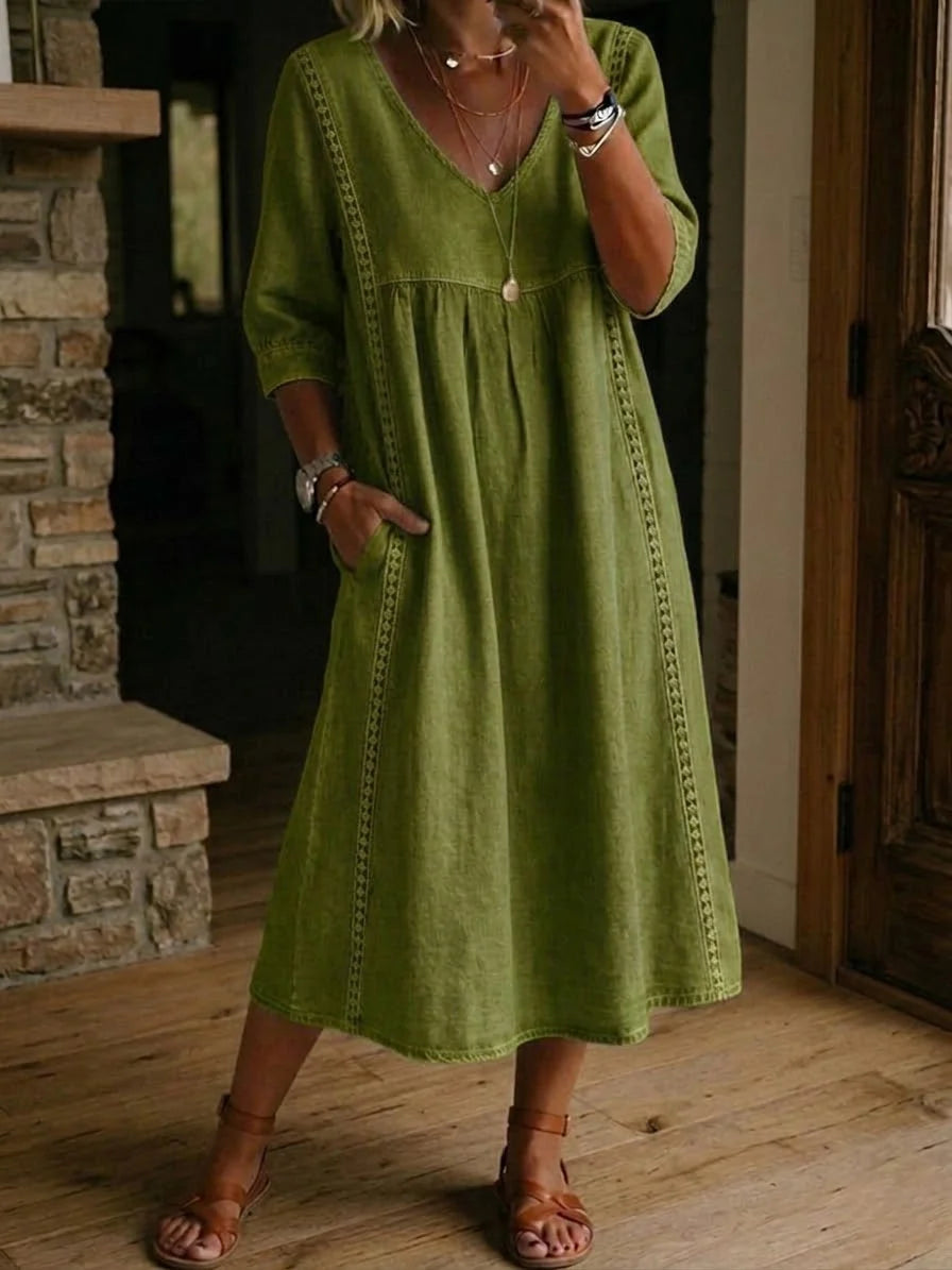 Women's Lace Trim Relaxed V-Neck Linen Midi Dress