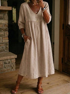 Women's Lace Trim Relaxed V-Neck Linen Midi Dress