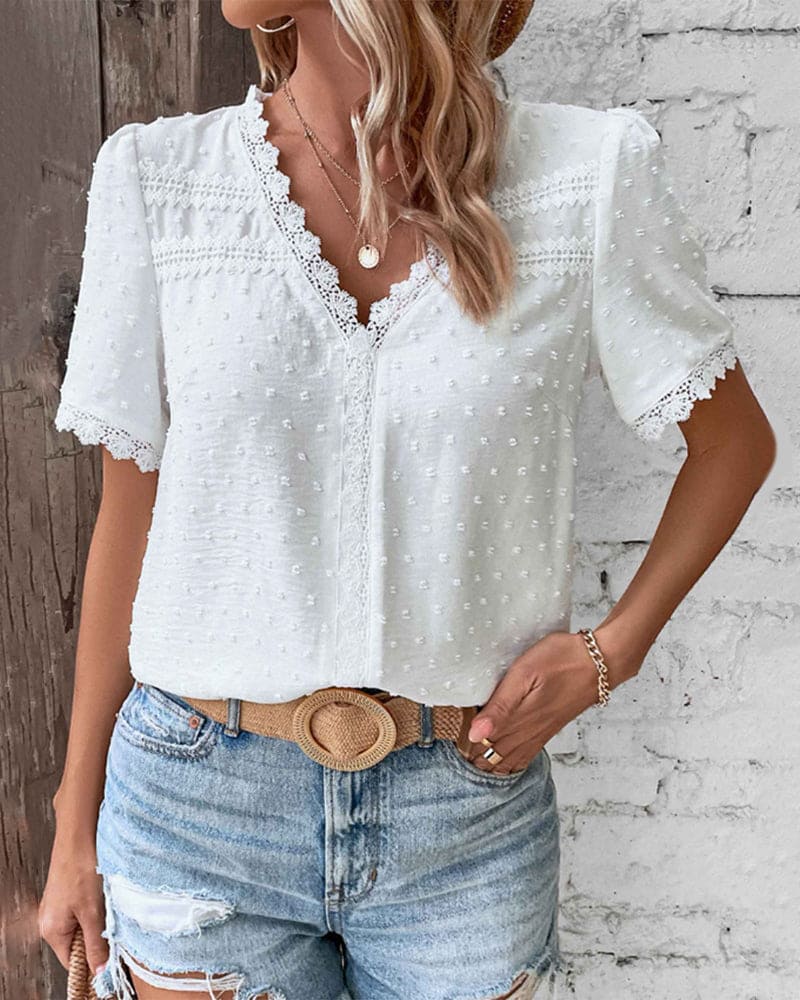 Women's Lace Trim Swiss Dot V-Neck Blouse