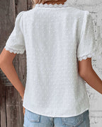 Women's Lace Trim Swiss Dot V-Neck Blouse
