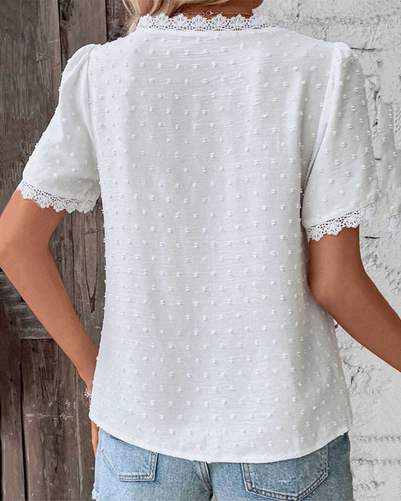 Women's Lace Trim Swiss Dot V-Neck Blouse