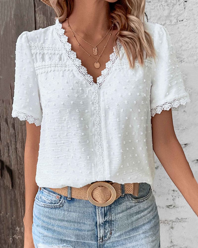 Women's Lace Trim Swiss Dot V-Neck Blouse