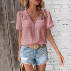 Women's Lace Trim Swiss Dot V-Neck Blouse