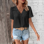 Women's Lace Trim Swiss Dot V-Neck Blouse