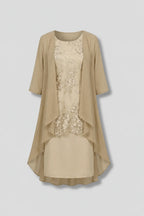 Women's Layered Chiffon Midi Dress with Lace Overlay