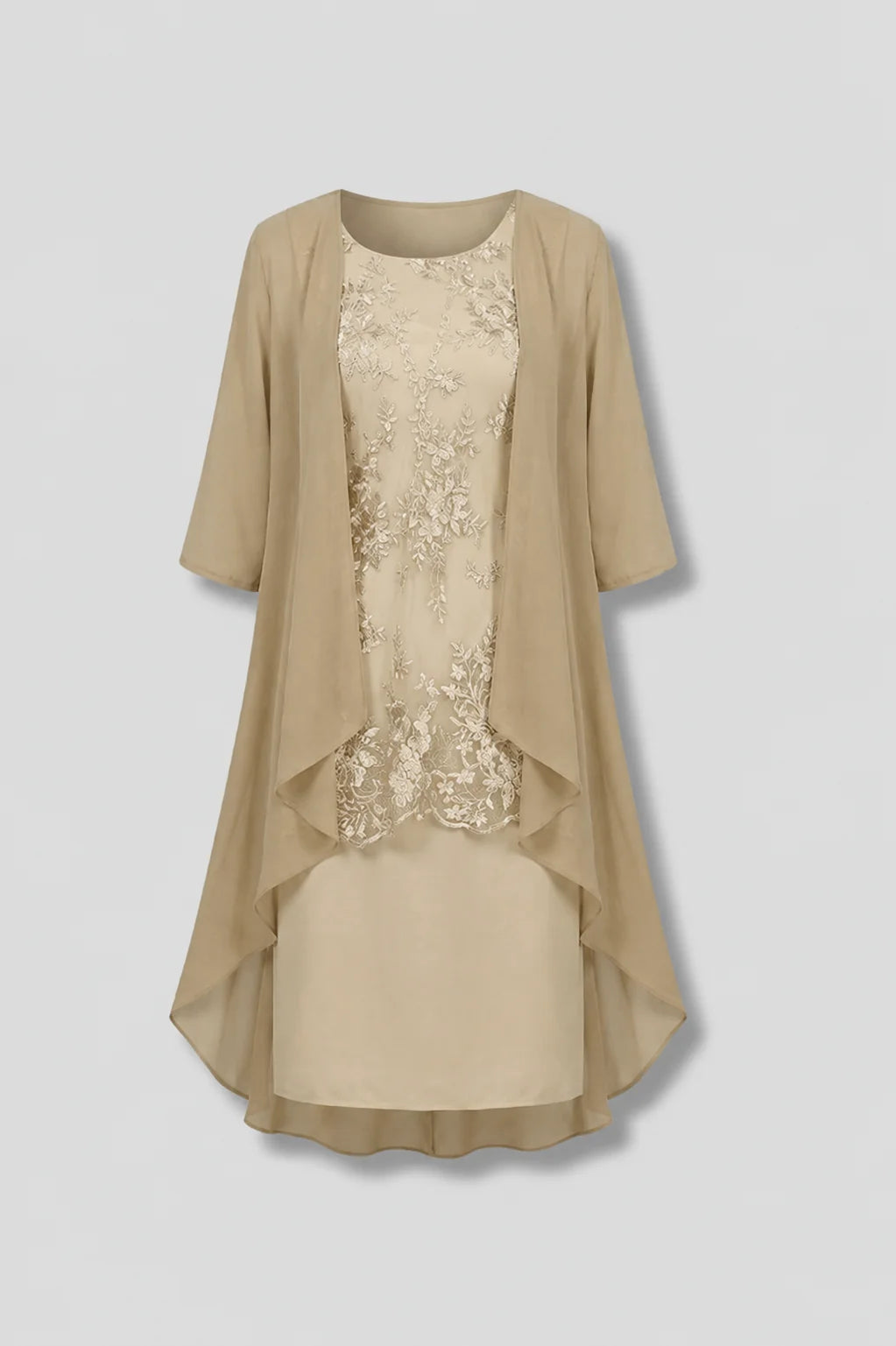 Women's Layered Chiffon Midi Dress with Lace Overlay
