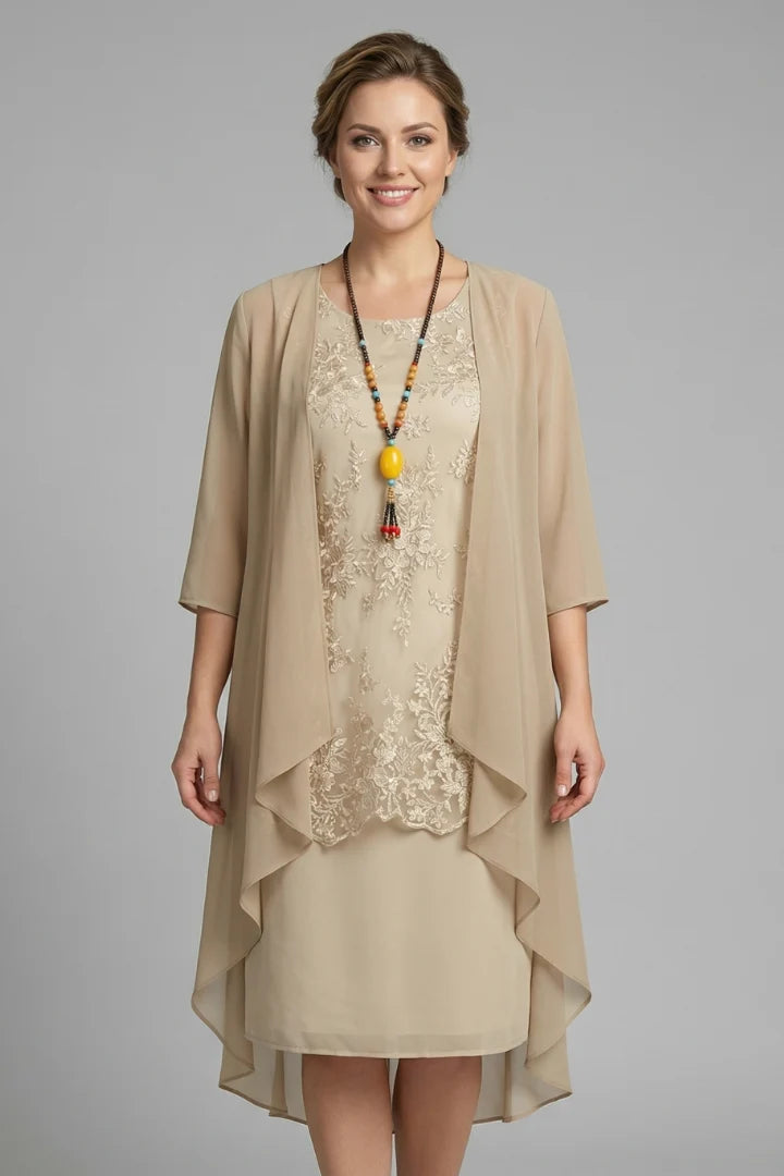 Women's Layered Chiffon Midi Dress with Lace Overlay