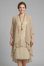 Women's Layered Chiffon Midi Dress with Lace Overlay