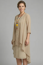 Women's Layered Chiffon Midi Dress with Lace Overlay