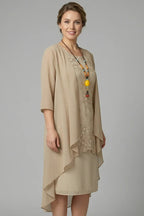 Women's Layered Chiffon Midi Dress with Lace Overlay