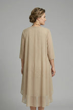 Women's Layered Chiffon Midi Dress with Lace Overlay