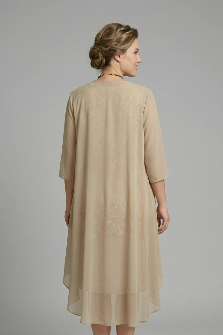 Women's Layered Chiffon Midi Dress with Lace Overlay