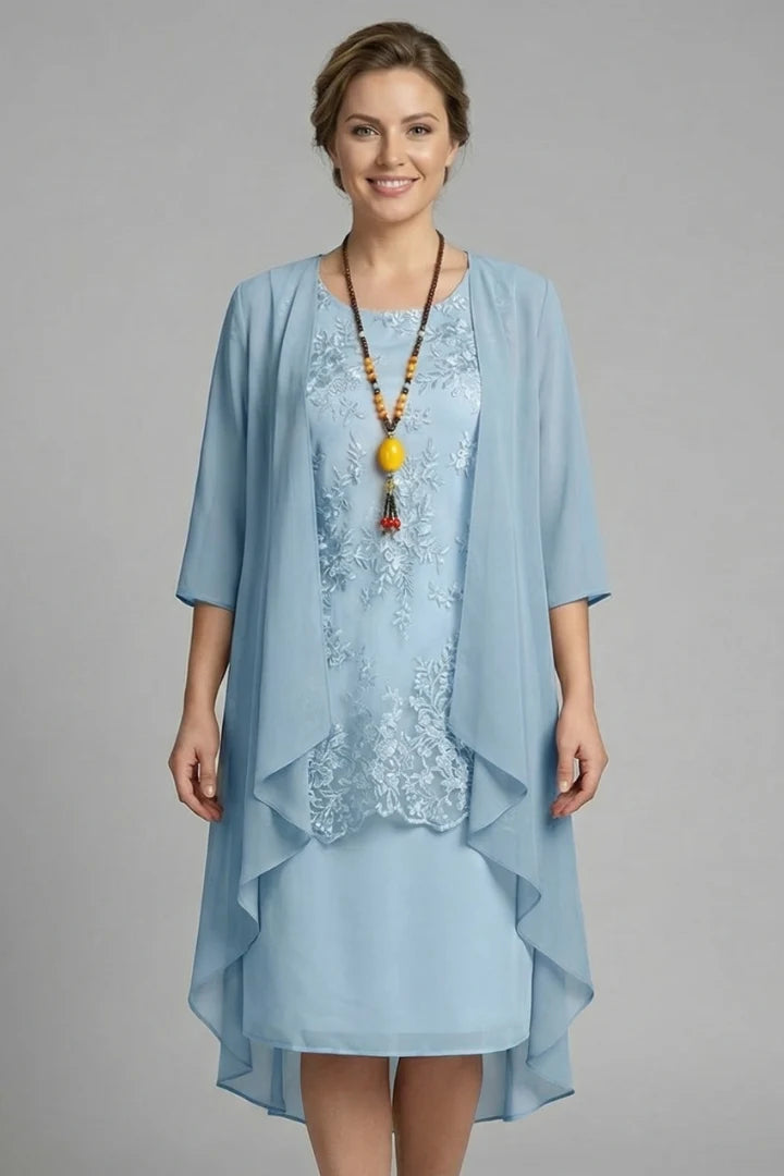 Women's Layered Chiffon Midi Dress with Lace Overlay