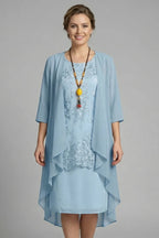 Women's Layered Chiffon Midi Dress with Lace Overlay