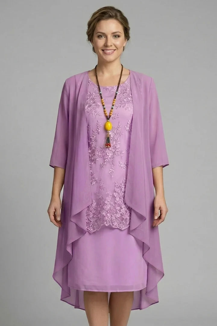 Women's Layered Chiffon Midi Dress with Lace Overlay
