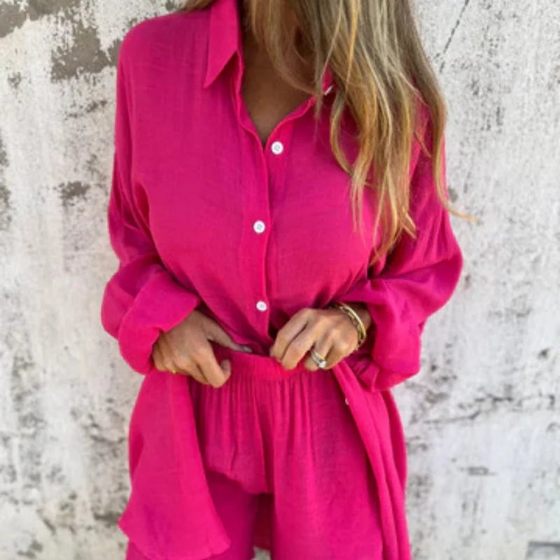 Women's Linen-Look Shirt & Shorts Set