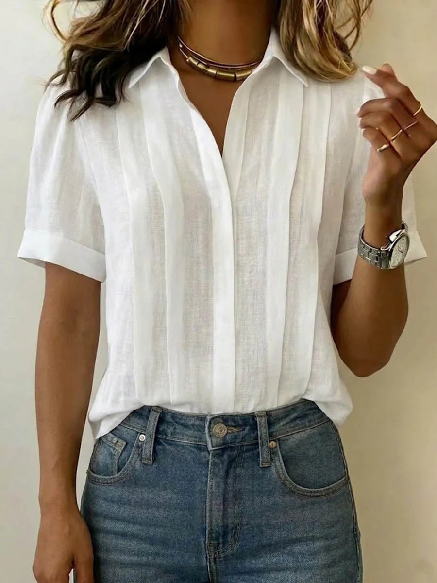 Women's Linen Pleated Front Blouse with Collar