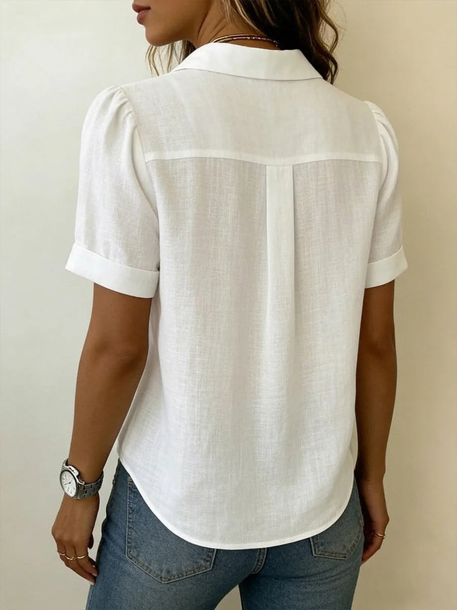 Women's Linen Pleated Front Blouse with Collar