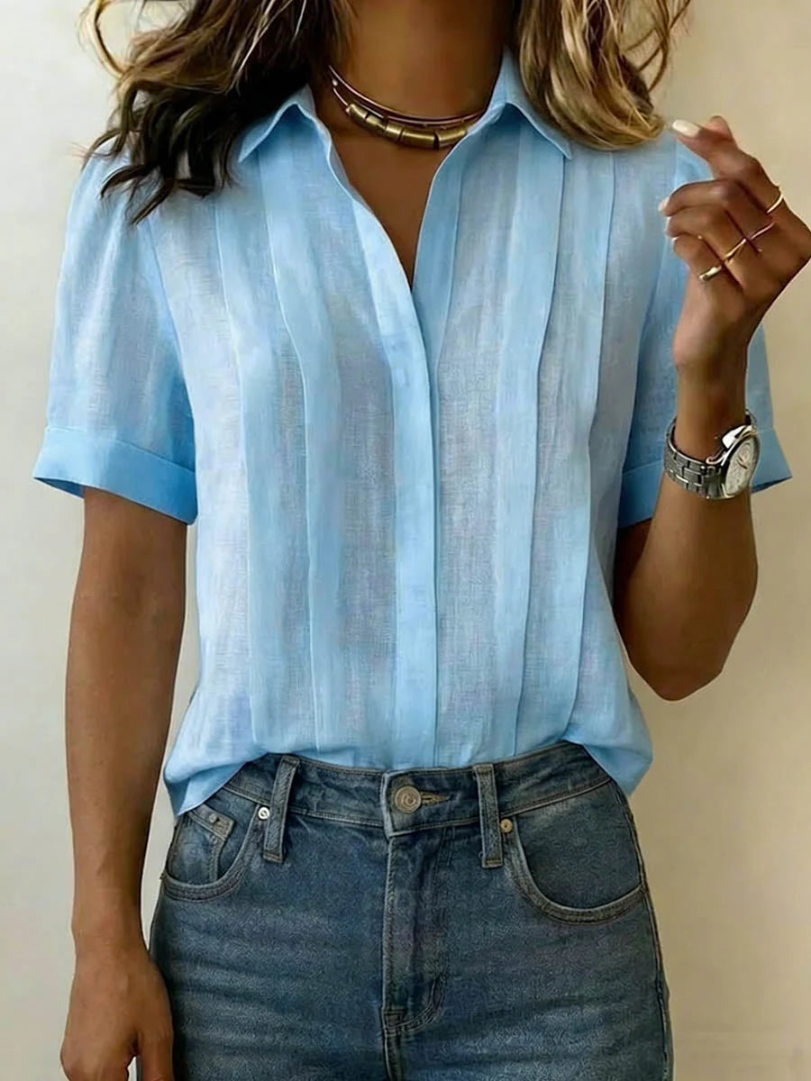 Women's Linen Pleated Front Blouse with Collar