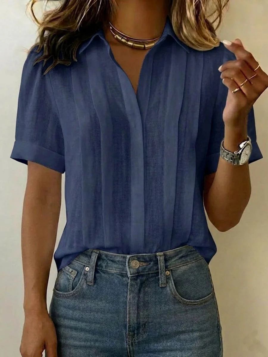 Women's Linen Pleated Front Blouse with Collar